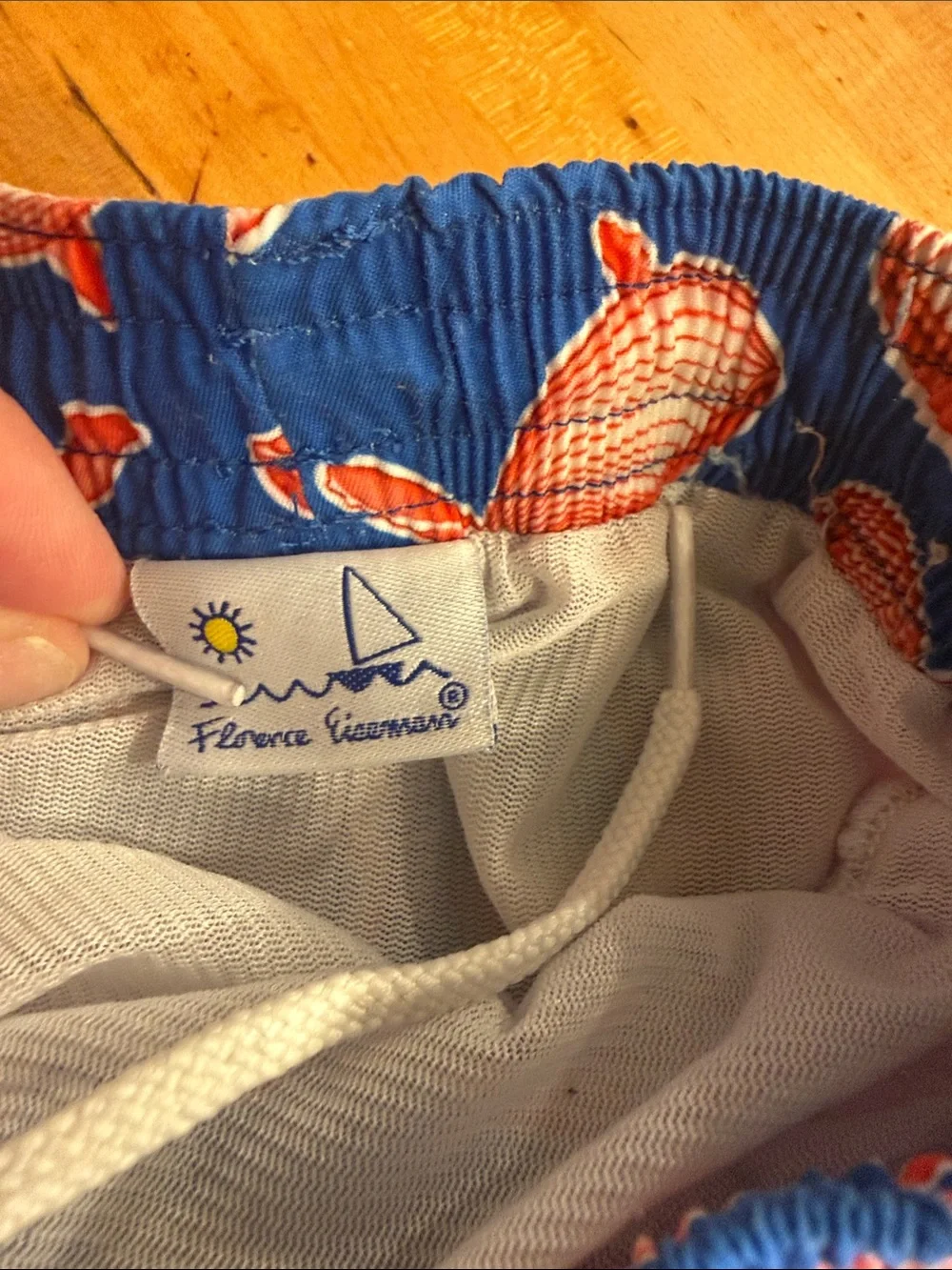 Florence Eiseman Blue Swim Shorts Red Whale small pull but not noticeable